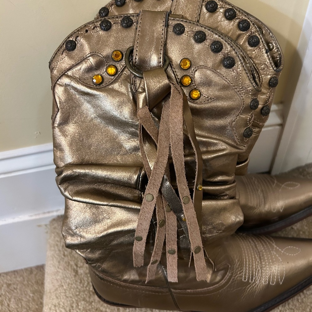 Steve Madden leather metallic gold stud detail slouch fringe cowgirl boots - Picture 5 of 13